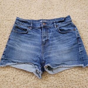 Loft High Rise Frayed Cut Off Denim Shorts In Mid Indigo Wash 26 / 2